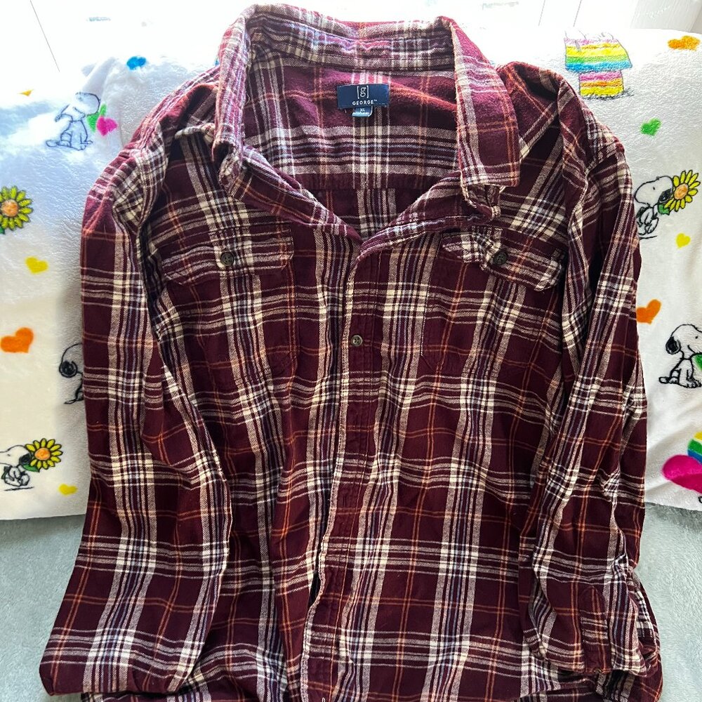 Georges Long Sleeve Flannel Casual Plaid Shirt XL Maroon/Orange/White
